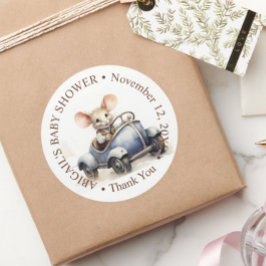 Pegatina Redonda Ratón cutáneo acuarela en Baby Shower de auto azul