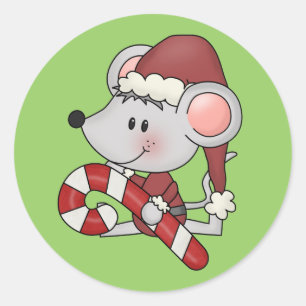 Pegatina Redonda Ratón del navidad con el bastón de caramelo