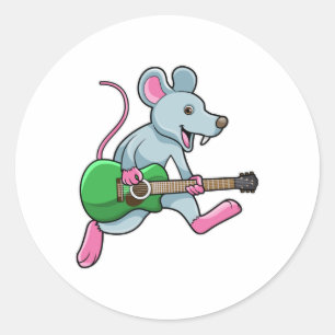 Pegatina Redonda Ratón en la música con guitarra