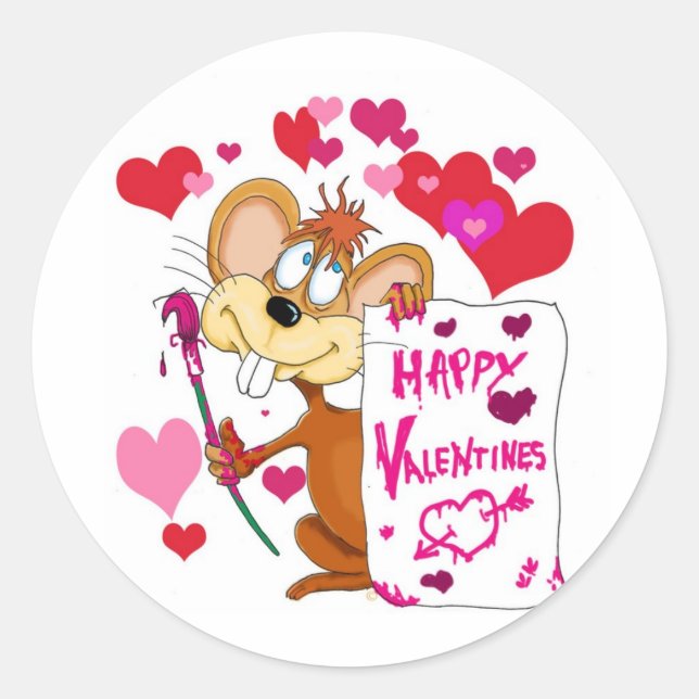 Pegatina Redonda Ratón feliz Día de San Valentín (Anverso)