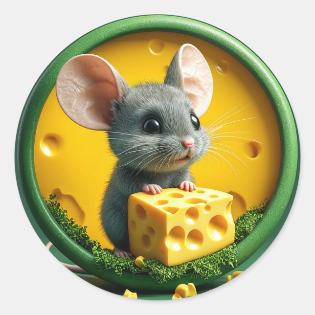 Pegatina Redonda Ratón Kawaii Sosteniendo Queso Divertido Fauna Sal (Anverso)