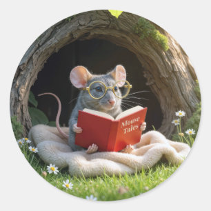 Pegatina Redonda Ratón leyendo un libro rojo en una manta