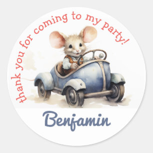 Pegatina Redonda Ratón Lindo en un Coche Cumpleaños Infantil Agrade