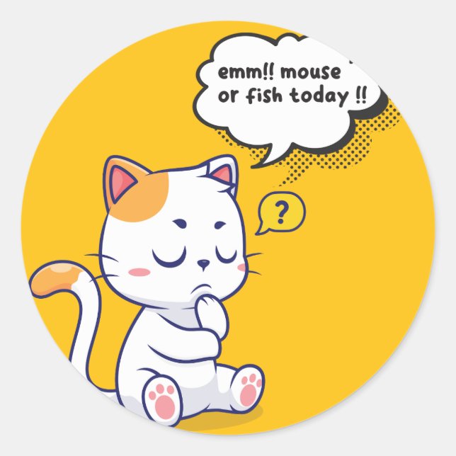 Pegatina Redonda ¿Ratón o pescado? - mascota gracioso - Gato de pen (Anverso)