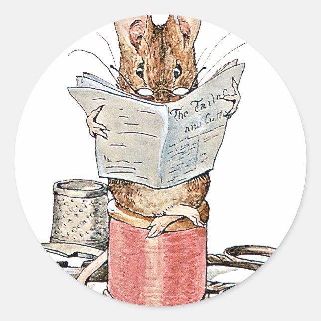 Pegatina Redonda Ratón sastre sobre el manto de hilo (Anverso)