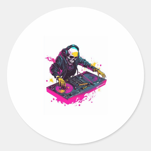 Pegatina Redonda Rave Skull � EDM Fiesta Skeleton DJ (Anverso)