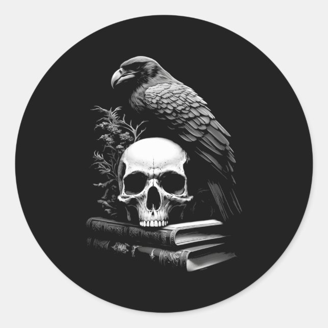 Pegatina Redonda Raven Bird Skull Y Libros Brujería Academia Occult (Anverso)