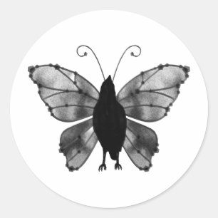 Pegatina Redonda Raven de mariposa blanca y negra