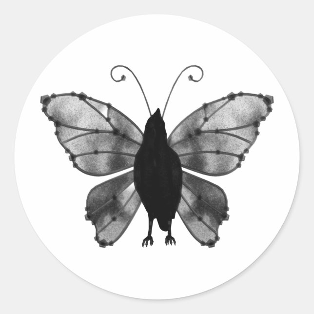 Pegatina Redonda Raven de mariposa blanca y negra (Anverso)