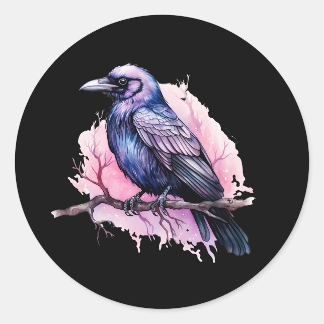 Pegatina Redonda Raven negro en un Ilustracion de sucursal (Anverso)
