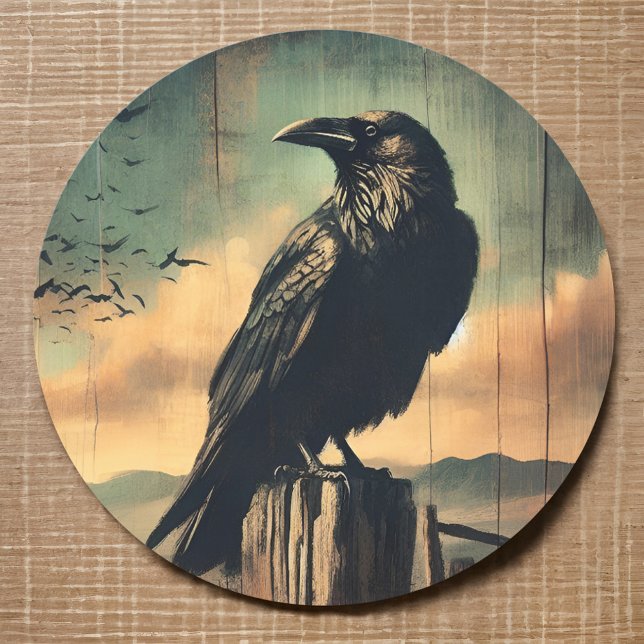 Pegatina Redonda Raven Raven Ghost Town Desert Sunset Western Bird (Rustic Raven Sticker Ghost Town Desert Sunset Faded Western Landscape Symbolic  of Death, Resilience)