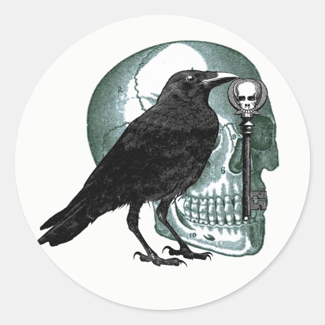 Pegatina Redonda Raven Skull Y Skeleton Pegatinas Clave (Anverso)