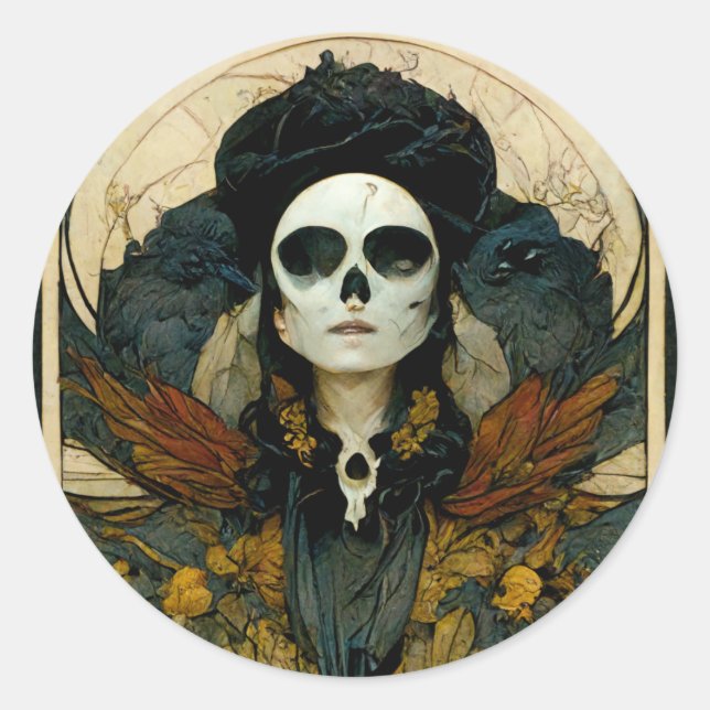 Pegatina Redonda Raven Witch Fantasy Horror Gótico Gótico (Anverso)