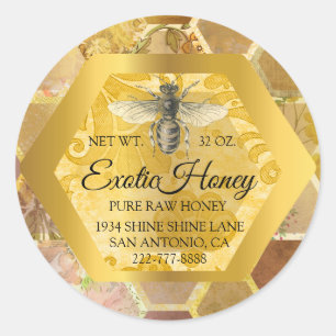 Pegatina Redonda Raw Honey Jar Honeybee Honeycomb Apiary Gold VIP