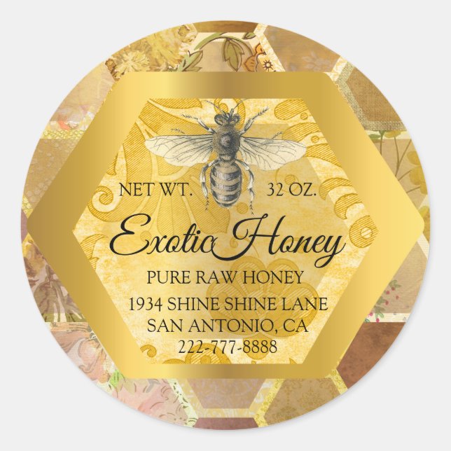 Pegatina Redonda Raw Honey Jar Honeybee Honeycomb Apiary Gold VIP (Anverso)
