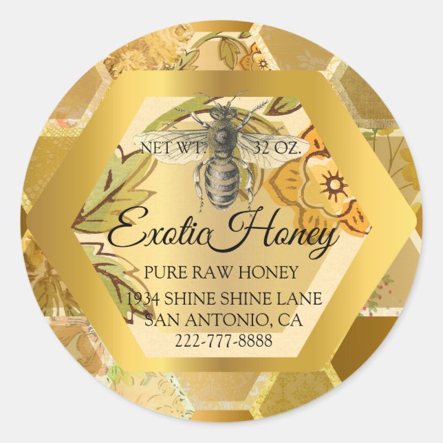Pegatina Redonda Raw Honey Jar Honeybee Honeycomb Bee Apiary VIP (Anverso)