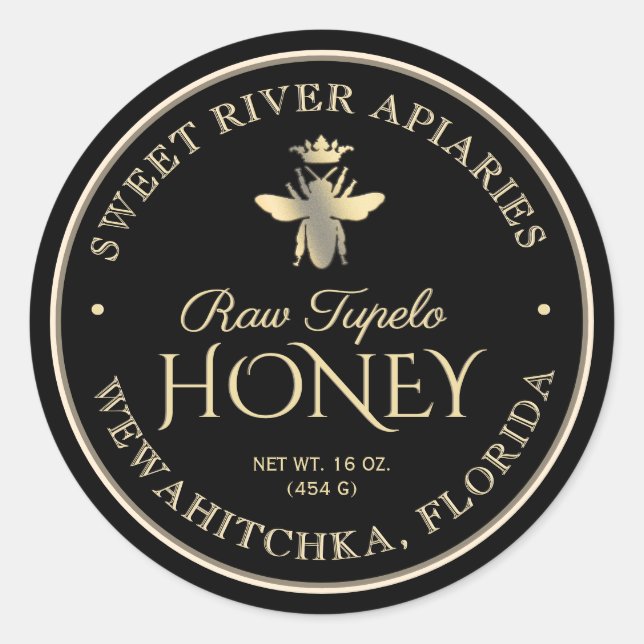 Pegatina Redonda Raw Tupelo Honey Black Gold Queen Bee (Anverso)