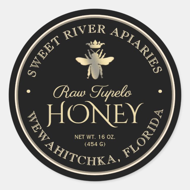 Pegatina Redonda Raw Tupelo Honey Black Gold Queen Bee (Anverso)