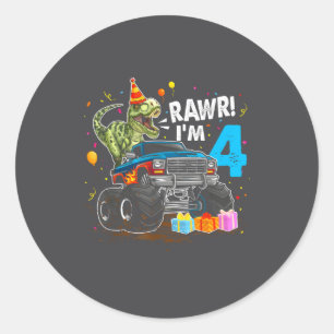 Pegatina Redonda Rawr Cumplo 4 Años Cumpleaños T Rex Dinosaurio Div