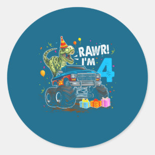 Pegatina Redonda Rawr Cumplo 4 Años Cumpleaños T Rex Dinosaurio Div