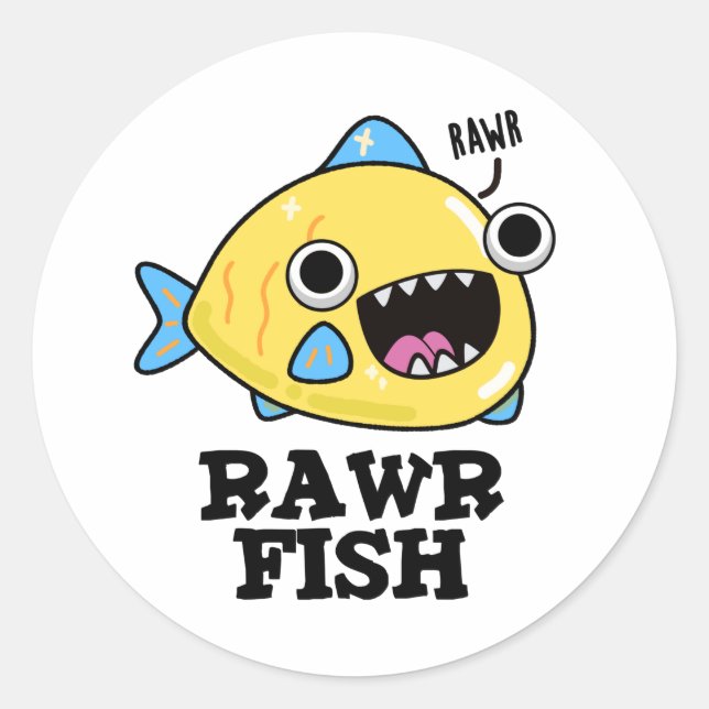 Pegatina Redonda Rawr Fish Funny Animal Pun (Anverso)