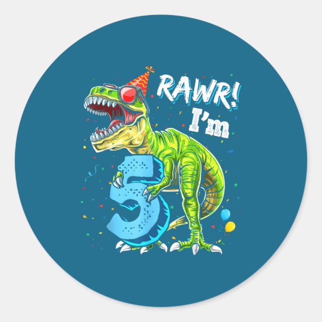 Pegatina Redonda Rawr I'm 5 5th Birthday T Rex Dinosaur Funny Party (Anverso)