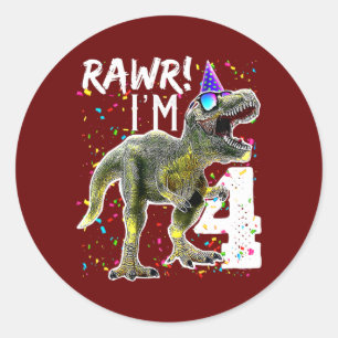 Pegatina Redonda Rawr, tengo 4 años, cuarto Fiesta de dinosaurios T