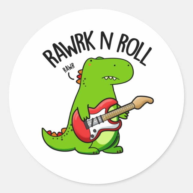 Pegatina Redonda Rawrk Y Rolling Funny Rocker Dinosaur Pun (Anverso)