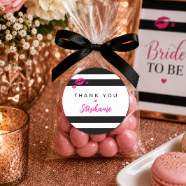 Pegatina Redonda Raya rosa, negra y blanca de glamour personalizado