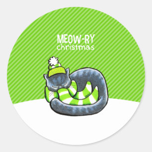 Pegatina Redonda Raya verde del gato del navidad gris de la bufanda