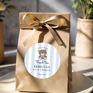 Pegatina Redonda Rayas azul retro teddy oso bebé ducha