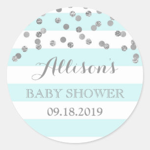 Pegatina Redonda Rayas azules plata confetti Baby Shower Favor