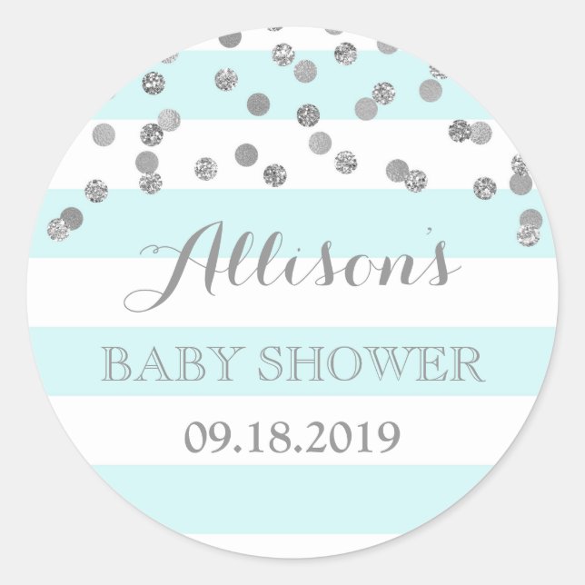 Pegatina Redonda Rayas azules plata confetti Baby Shower Favor (Anverso)