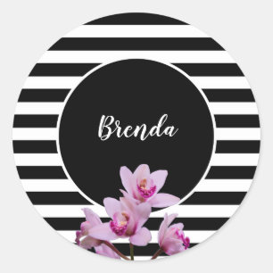 Pegatina Redonda Rayas blancas y negras personalizadas con orquídea
