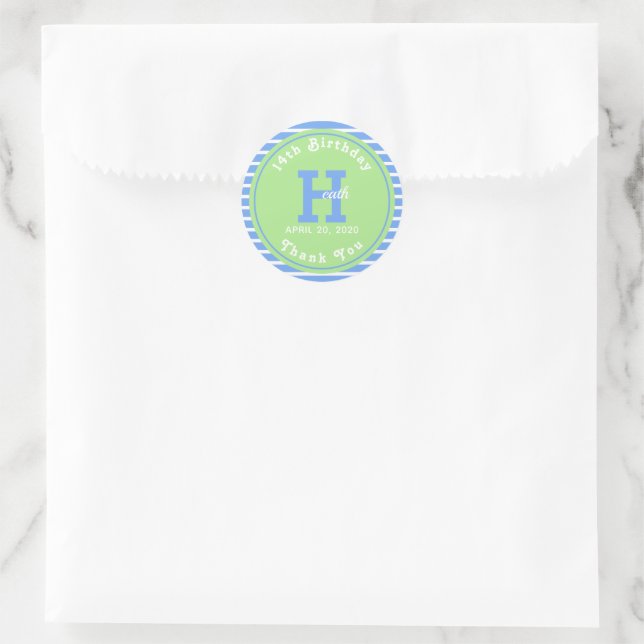 Pegatina Redonda Rayas de cumpleaños azul ⎮ verde blanco (Bolso)