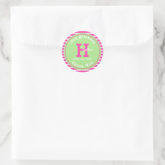 Pegatina Redonda Rayas de cumpleaños color rosa ⎮ verde blanco (Bolso)