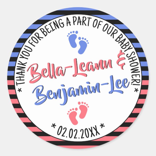 Pegatina Redonda Rayas de pies pequeños Baby Shower niño y Chicas g (Anverso)