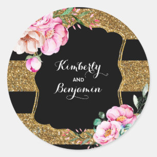 Pegatina Redonda Rayas del purpurina del oro y moda del vintage de