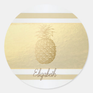 Pegatina Redonda Rayas Modernas de Niña Doradas, Piña Dorada