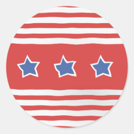 Pegatina Redonda Rayas rojas en blanco con estrellas azules angusti