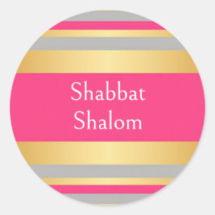 Pegatina Redonda Rayas rosa caliente gris dorado, Shabat Shalom