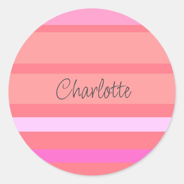 Pegatina Redonda Rayas Rosadas con Nombre Personalizado (Anverso)