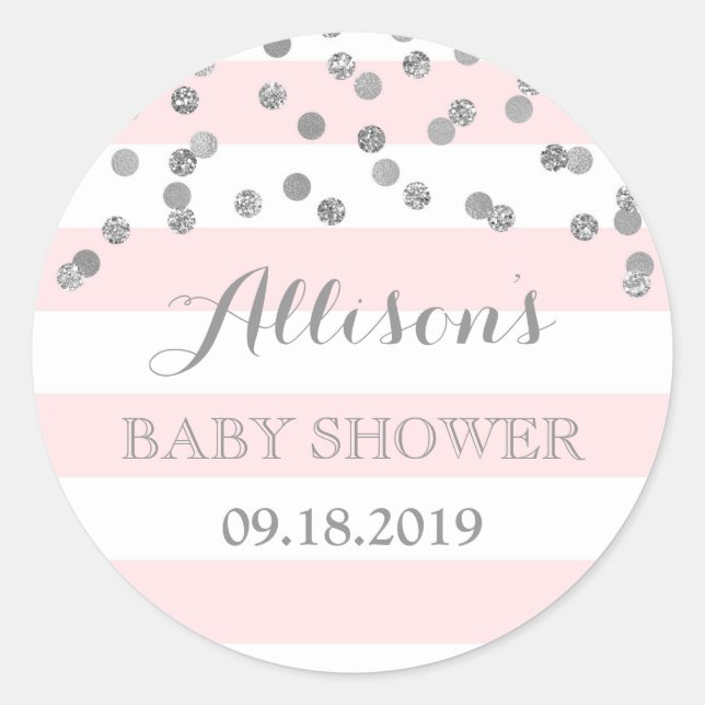 Pegatina Redonda Rayas rosadas Confetti plata Baby Shower Favor (Anverso)