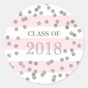 Pegatina Redonda Rayas rosadas Plata Confetti Grad Clase 2018