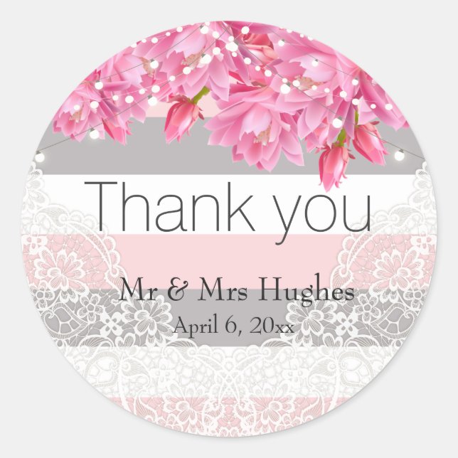 Pegatina Redonda Rayas rosadas y grises de verano boda de encaje fl (Anverso)