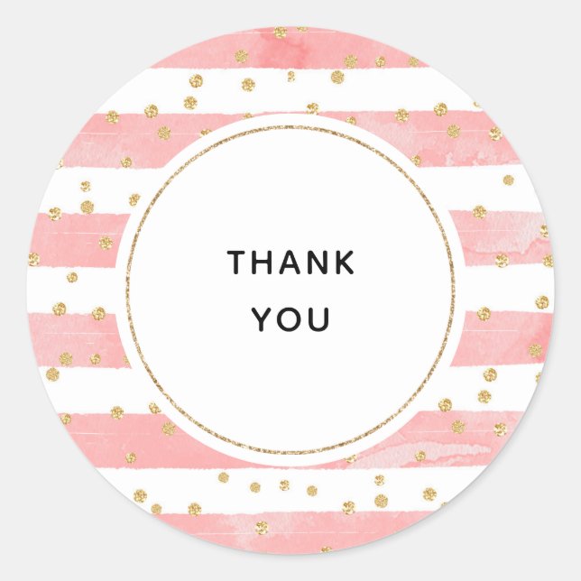Pegatina Redonda Rayas Rubor rosadas | Faux Gold Confetti Gracias (Anverso)