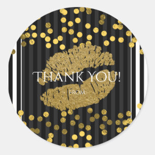 Pegatina Redonda Rayas verticales blancas y negras Labios dorados B