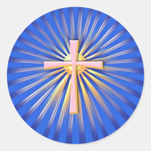 Pegatina Redonda Rayos de luz de la cruz religiosa (en azul) (Anverso)