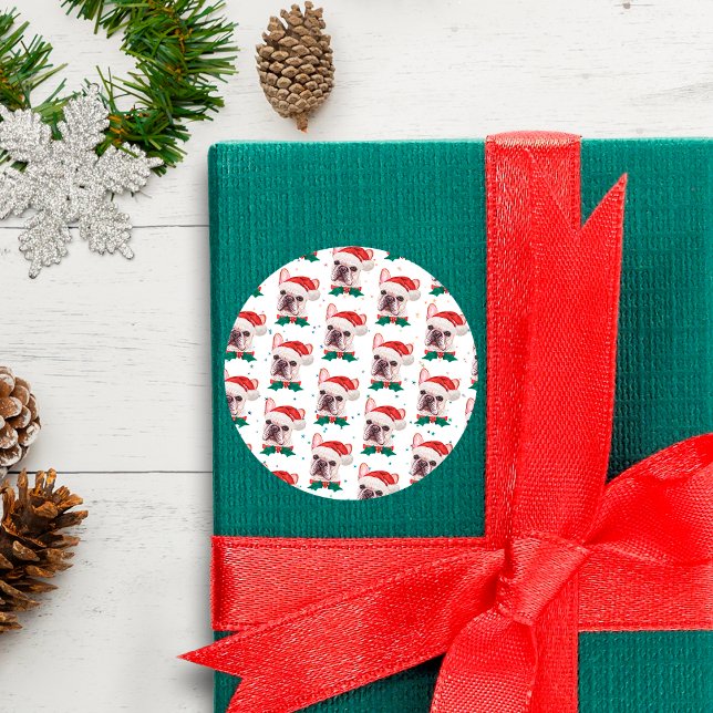 Pegatina Redonda Raza de Bulldog Francés Patrón de perro de Navidad (Subido por el creador)
