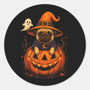 Pegatina Redonda Raza de pug divertida mascota calabazas de Hallowe